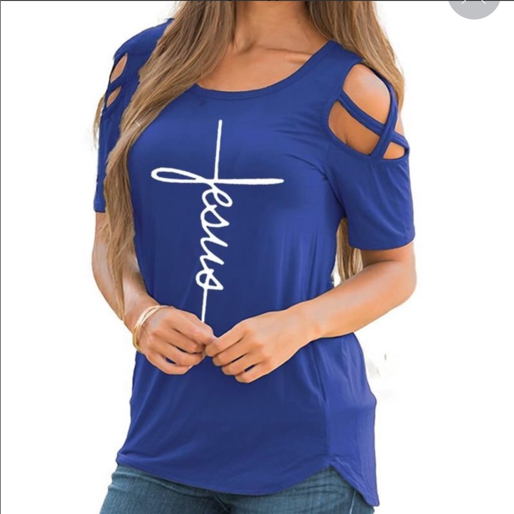🆕Cold shoulder royal blue Jesus T shirt top NEW BEAUTIFUL❤️❤️
